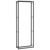 A tall, rectangular matt black steel firewood rack with a minimalist design.
